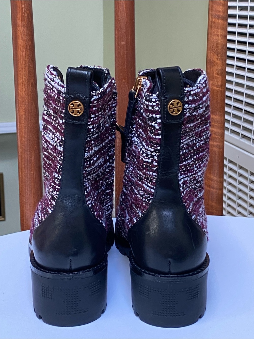 Tory Burch Burgundy Tweed Lace-Up Combat Boots with Gold Eyelets - Picture 5 of 7